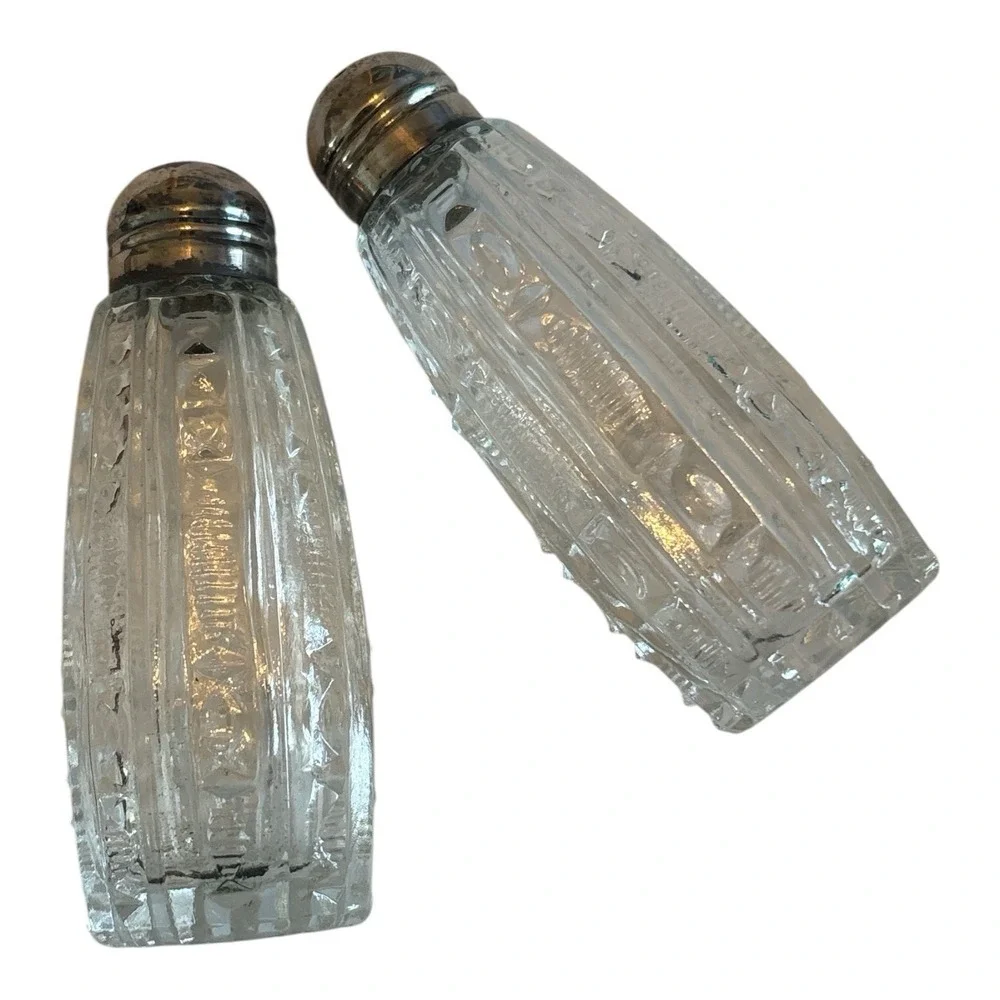 Pair of Cut Crystal Salt & Pepper Sterling Silver Caps 3.5